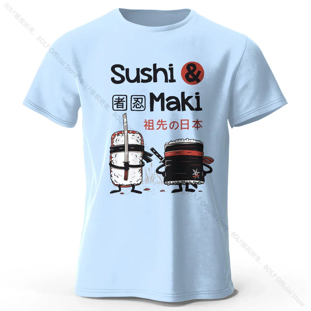 Kawaii Sushi Harajuku Printed 100% Cotton T-Shirt Soft & Breathable Round Neck Short Sleeve Tee Unisex Cute Style