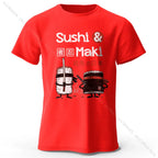 Kawaii Sushi Harajuku Printed 100% Cotton T-Shirt Soft & Breathable Round Neck Short Sleeve Tee Unisex Cute Style - Red