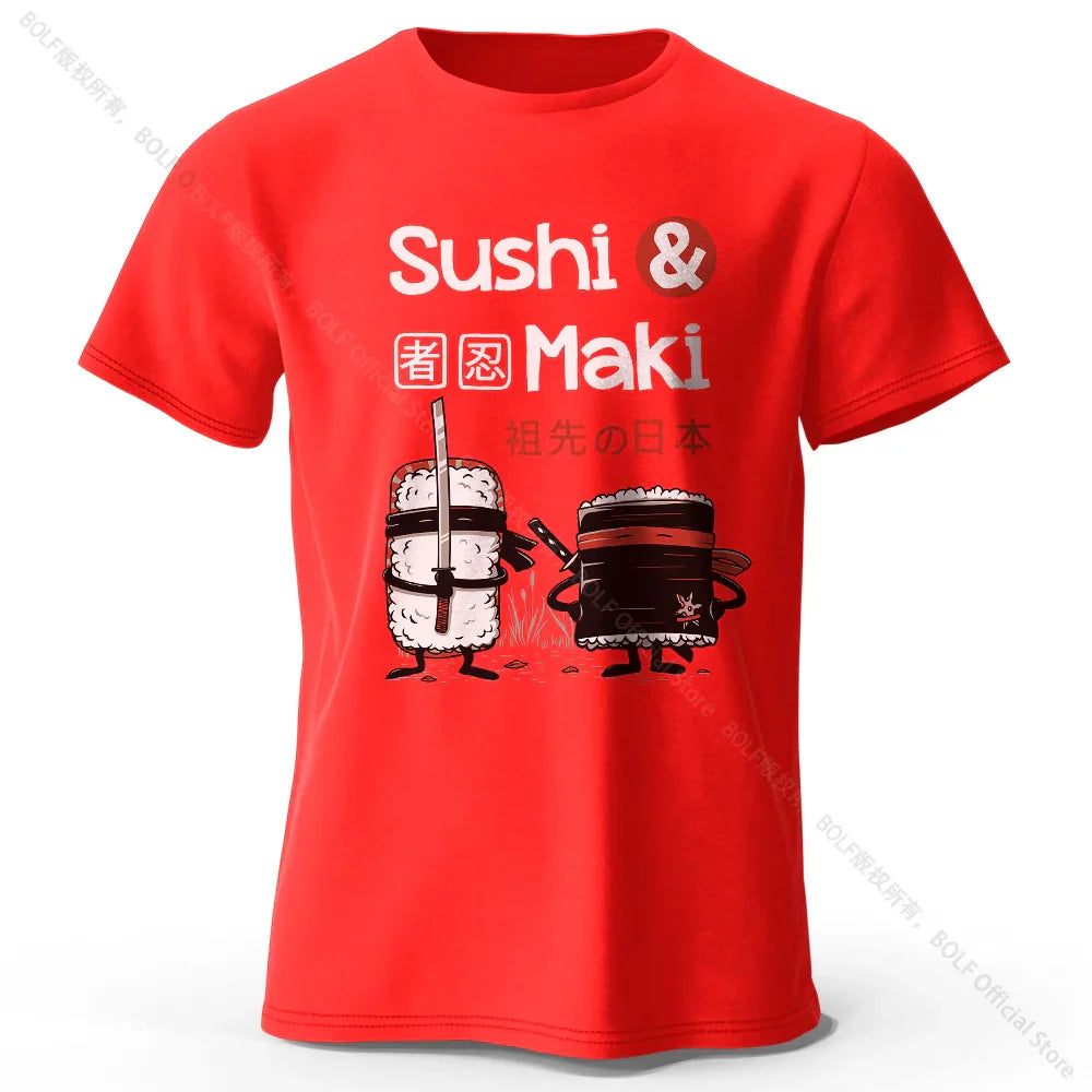Kawaii Sushi Harajuku Printed 100% Cotton T-Shirt Soft & Breathable Round Neck Short Sleeve Tee Unisex Cute Style - Red