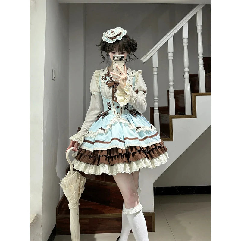 Mint Chocolate Café JSK + Blouse Set - kawaii-inspired outfit in pastel colors - 17749166
