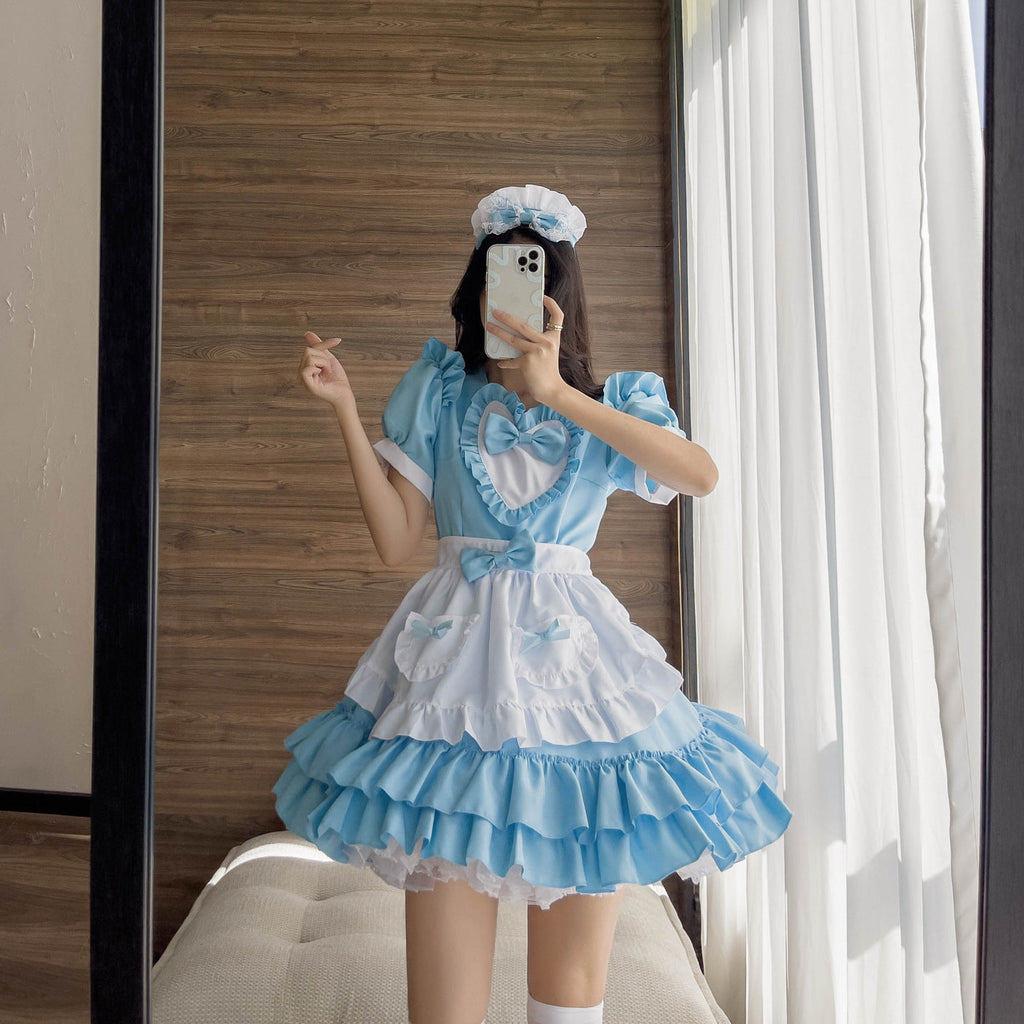 Japanese-Style Sexy Cream Sweetheart Maid Outfit Blue Pure Lolita Dress