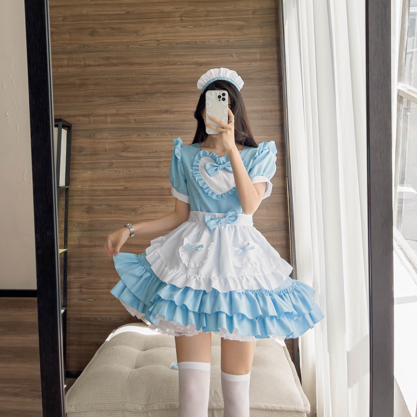 Japanese-Style Sexy Cream Sweetheart Maid Outfit Blue Pure Lolita Dress