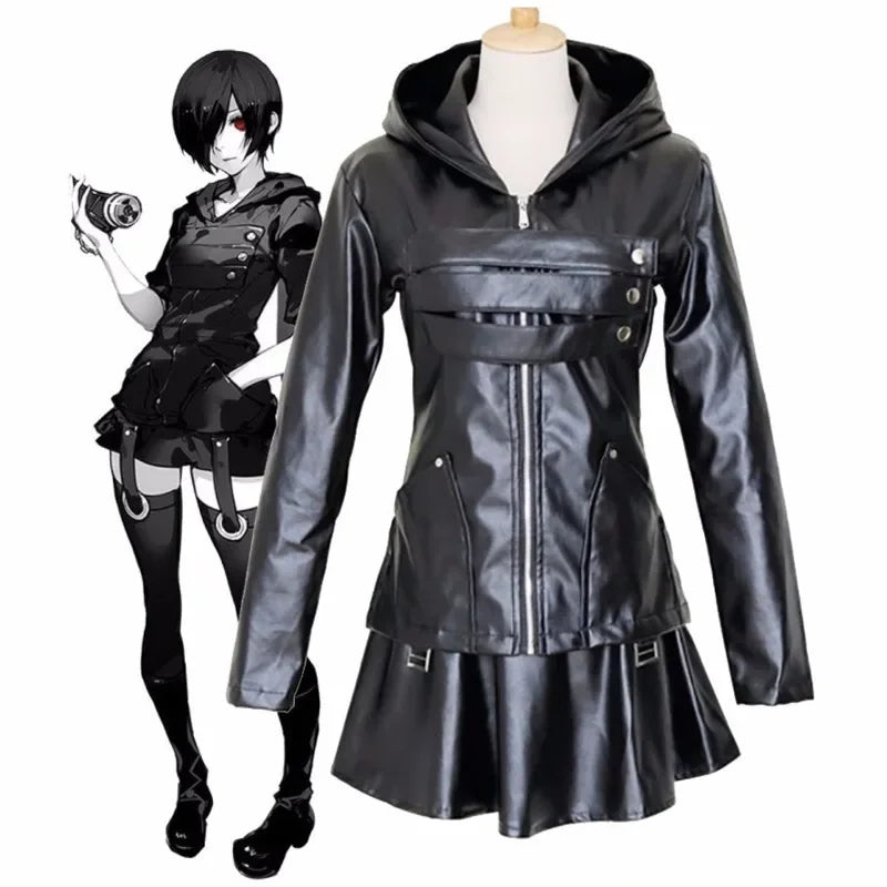 Anime Tokyo Ghoul Touka Kirishima Cosplay Costume Full Set Uniform PU Leather Black Dress Hoodie Women Halloween