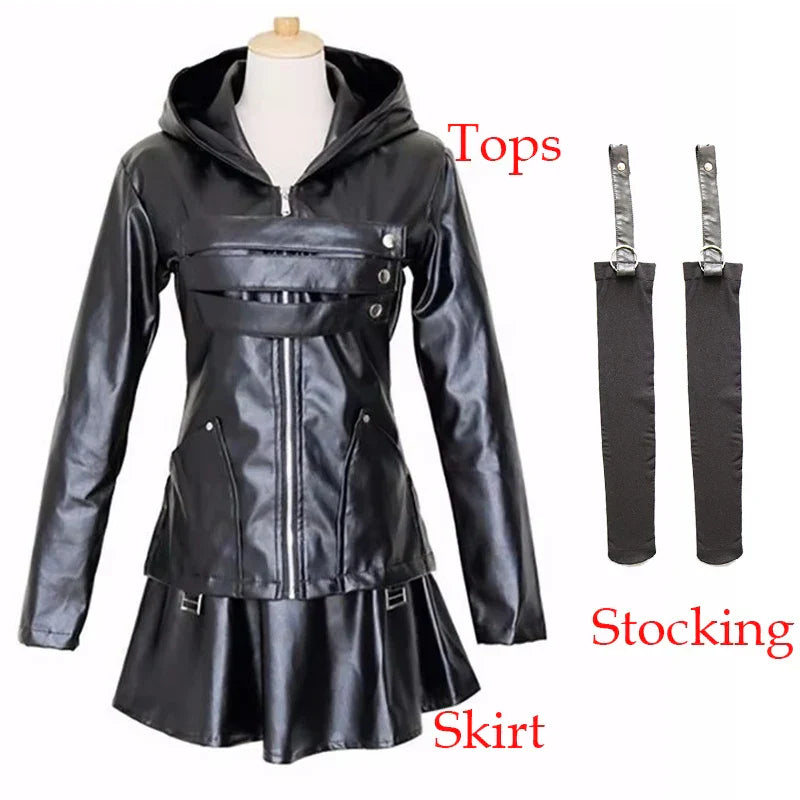 Anime Tokyo Ghoul Touka Kirishima Cosplay Costume Full Set Uniform PU Leather Black Dress Hoodie Women Halloween