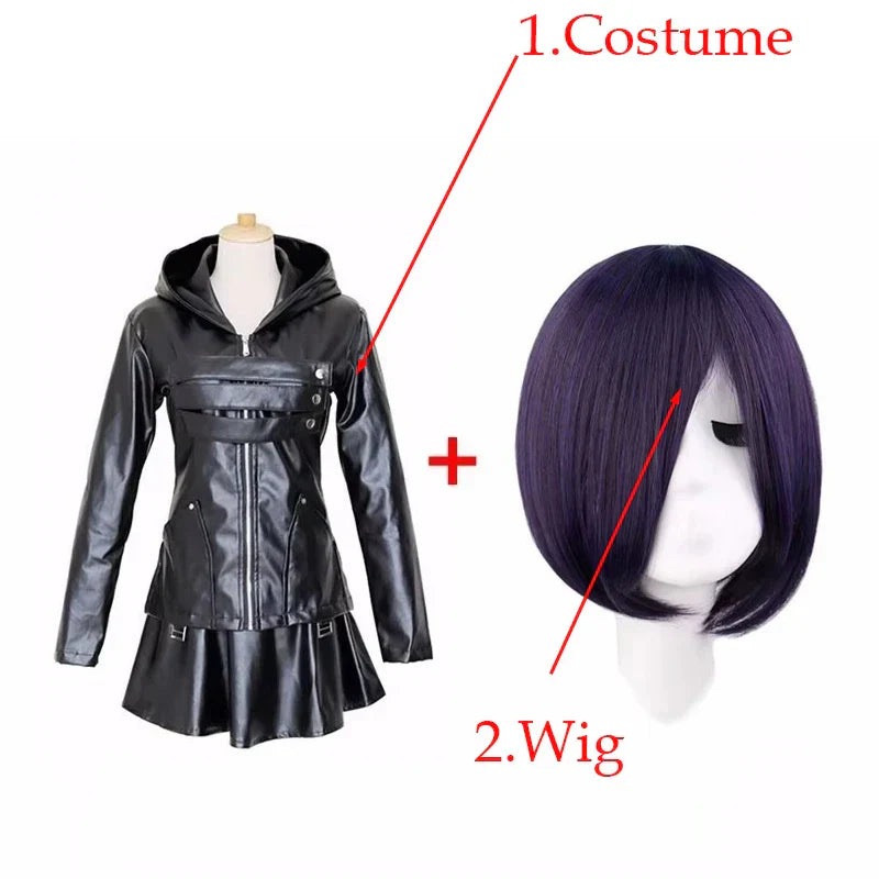 Anime Tokyo Ghoul Touka Kirishima Cosplay Costume Full Set Uniform PU Leather Black Dress Hoodie Women Halloween