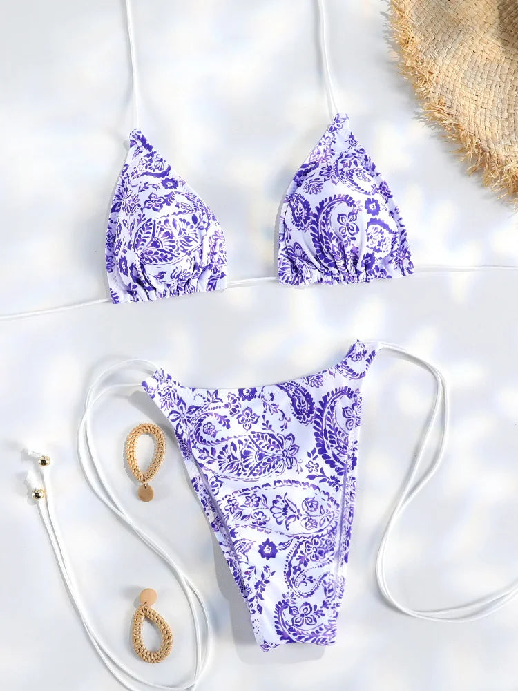 Sexy Triangle Mini Bikini Sets Micro Thongs Swimsuit Women Bathing Suit Biquini Bandage Beachwear Print Swimwear Thong