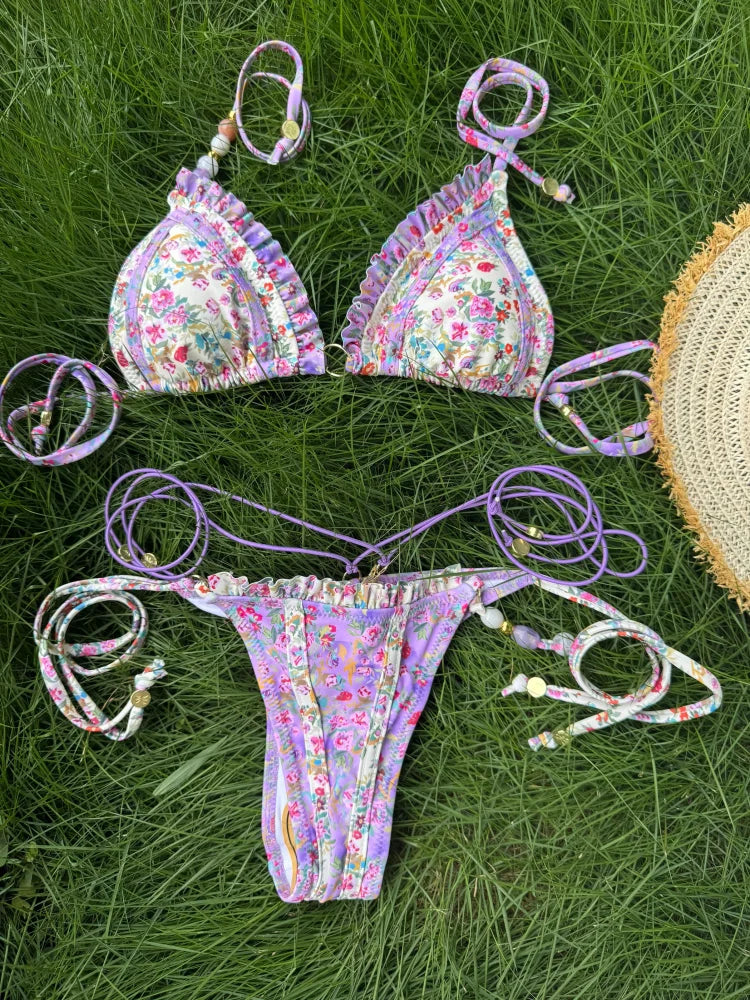 Sexy Triangle Mini Bikini Sets Micro Thongs Swimsuit Women Bathing Suit Biquini Bandage Beachwear Print Swimwear Thong
