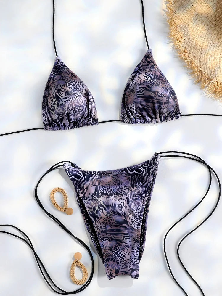Sexy Triangle Mini Bikini Sets Micro Thongs Swimsuit Women Bathing Suit Biquini Bandage Beachwear Print Swimwear Thong