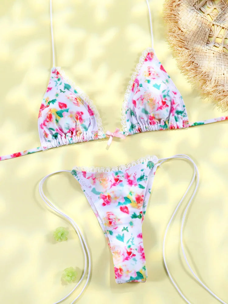 Sexy Triangle Mini Bikini Sets Micro Thongs Swimsuit Women Bathing Suit Biquini Bandage Beachwear Print Swimwear Thong