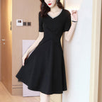 French Style Socialite Style V-neck Chain Stitching dress 2024 Summer New Elegant Retro Hepburn Style Black Dress