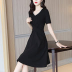 French Style Socialite Style V-neck Chain Stitching dress 2024 Summer New Elegant Retro Hepburn Style Black Dress