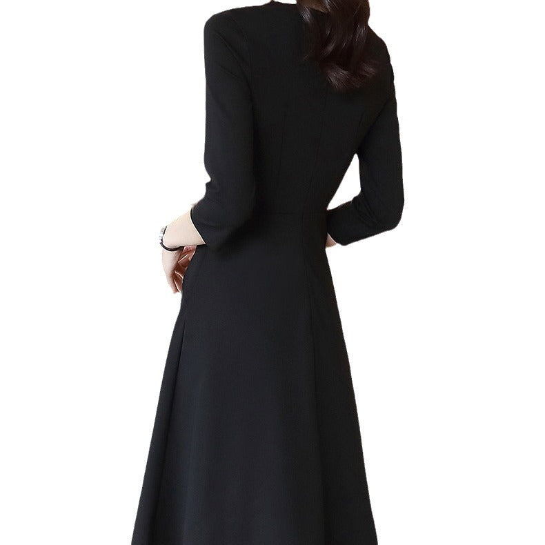 French Style Socialite Style V-neck Chain Stitching dress 2024 Summer New Elegant Retro Hepburn Style Black Dress