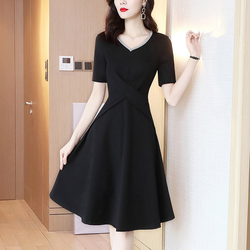 French Style Socialite Style V-neck Chain Stitching dress 2024 Summer New Elegant Retro Hepburn Style Black Dress