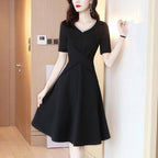 French Style Socialite Style V-neck Chain Stitching dress 2024 Summer New Elegant Retro Hepburn Style Black Dress