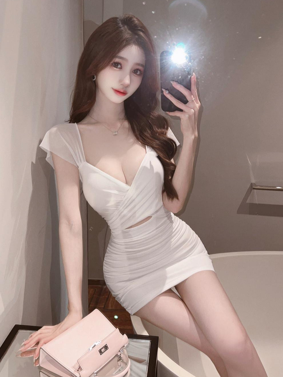 Real Shot of Pure Lust Style Sexy Dress for Women to Cover Belly Tight Hip Skirt Summer Elegant Low-Cut V-Neck Slim