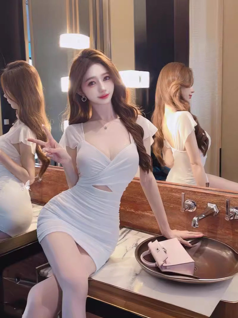 Real Shot of Pure Lust Style Sexy Dress for Women to Cover Belly Tight Hip Skirt Summer Elegant Low-Cut V-Neck Slim