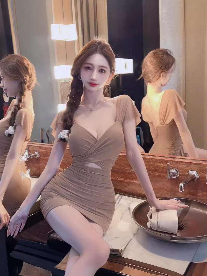 Real Shot of Pure Lust Style Sexy Dress for Women to Cover Belly Tight Hip Skirt Summer Elegant Low-Cut V-Neck Slim