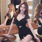 Real Shot of Pure Lust Style Sexy Dress for Women to Cover Belly Tight Hip Skirt Summer Elegant Low-Cut V-Neck Slim