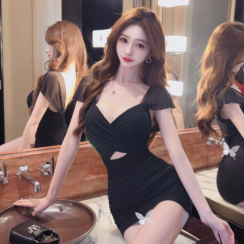 Real Shot of Pure Lust Style Sexy Dress for Women to Cover Belly Tight Hip Skirt Summer Elegant Low-Cut V-Neck Slim