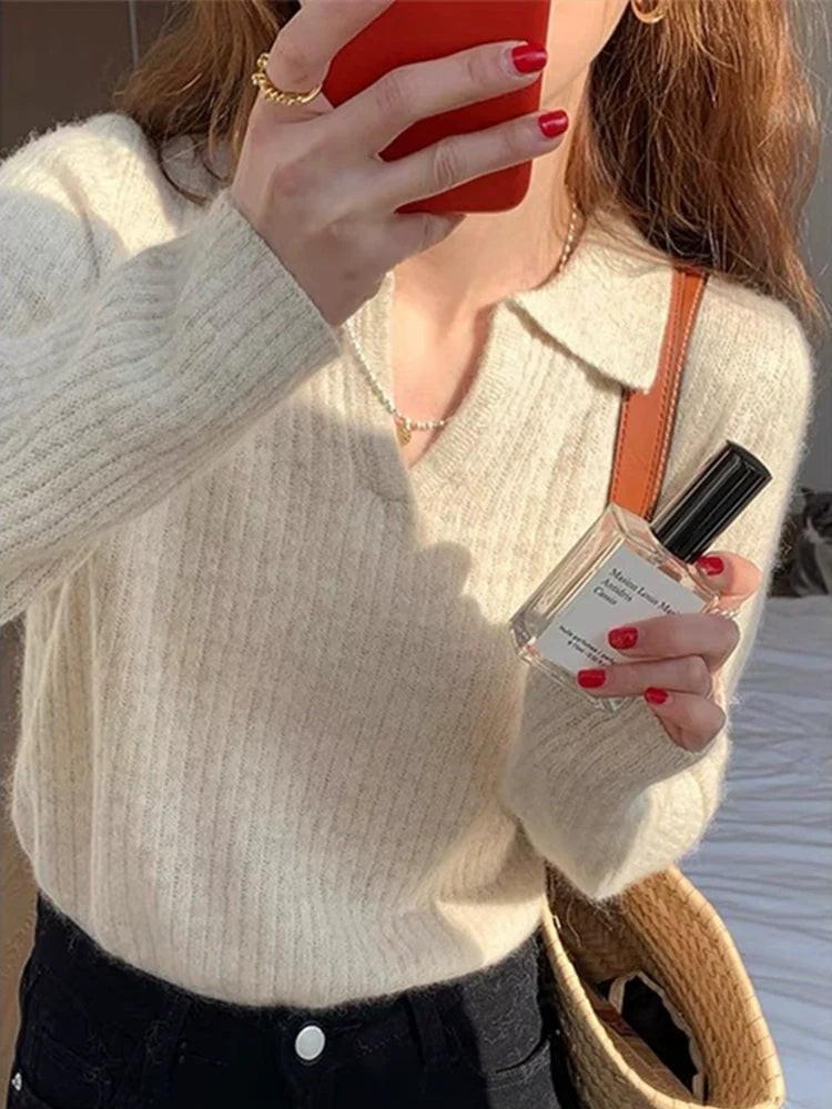 French Soft V-Neck Long-Sleeve Knit Sweater - kawaii-inspired outfit in pastel colors - 18784382