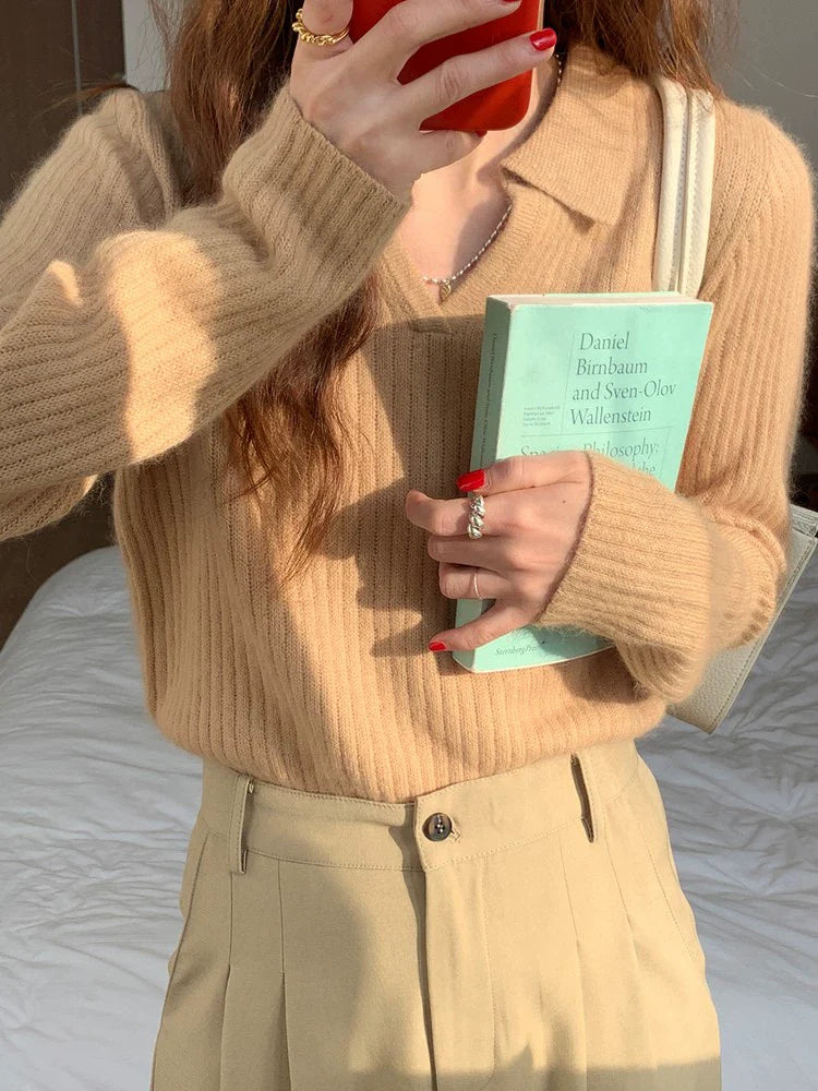 French Soft V-Neck Long-Sleeve Knit Sweater - kawaii-inspired outfit in pastel colors - 66514183
