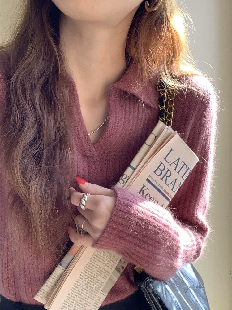French Soft V-Neck Long-Sleeve Knit Sweater - kawaii-inspired outfit in pastel colors - 49252375