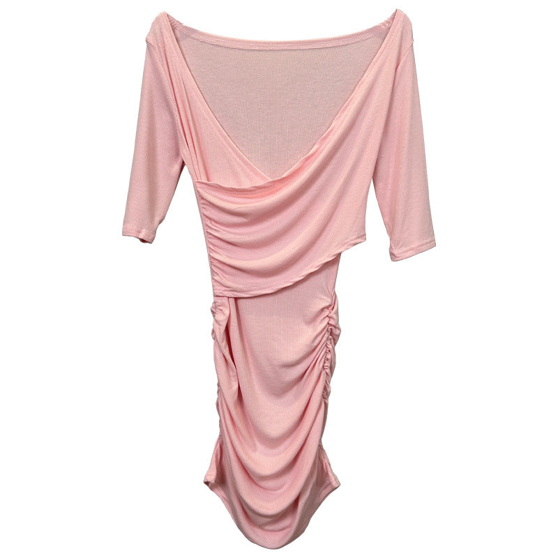 South Korea Dongdaemun New Sexy Feminine V-Neck Pleated Bag Hip Mid-Sleeve dress Figure