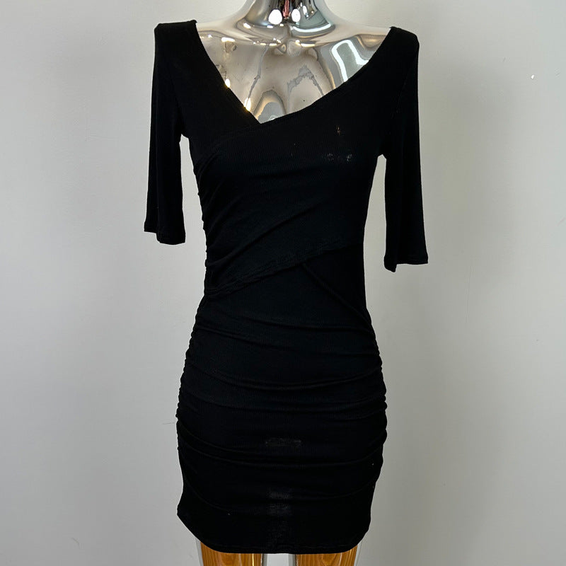 South Korea Dongdaemun New Sexy Feminine V-Neck Pleated Bag Hip Mid-Sleeve dress Figure - Black / Free size