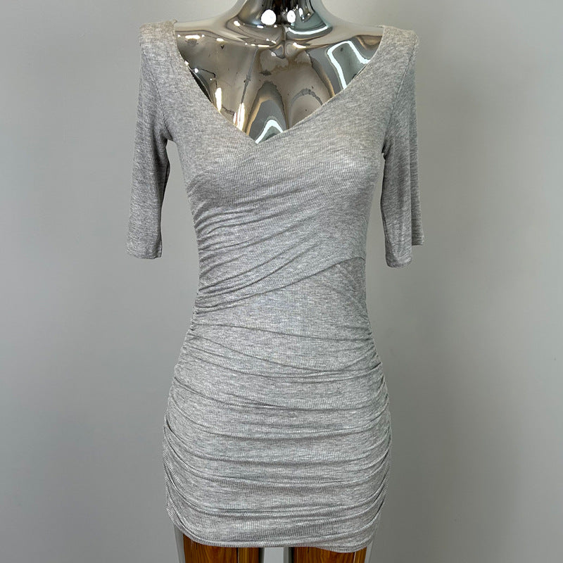 South Korea Dongdaemun New Sexy Feminine V-Neck Pleated Bag Hip Mid-Sleeve dress Figure - Grey / Free size