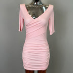 South Korea Dongdaemun New Sexy Feminine V-Neck Pleated Bag Hip Mid-Sleeve dress Figure - Pink / Free size