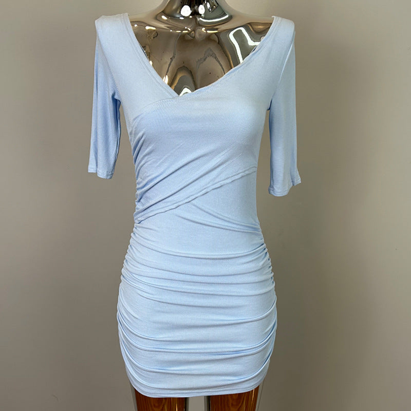South Korea Dongdaemun New Sexy Feminine V-Neck Pleated Bag Hip Mid-Sleeve dress Figure - sky blue / Free size