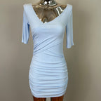 South Korea Dongdaemun New Sexy Feminine V-Neck Pleated Bag Hip Mid-Sleeve dress Figure - sky blue / Free size