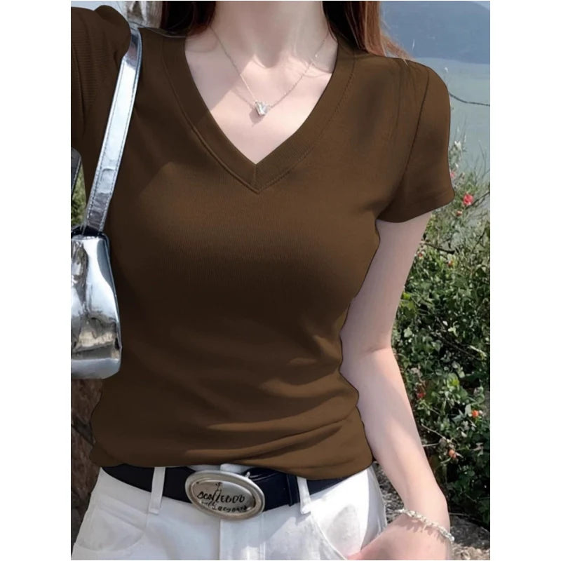 V-Neck Straight-Shoulder Slim Tee - kawaii-inspired outfit in pastel colors - 18095452