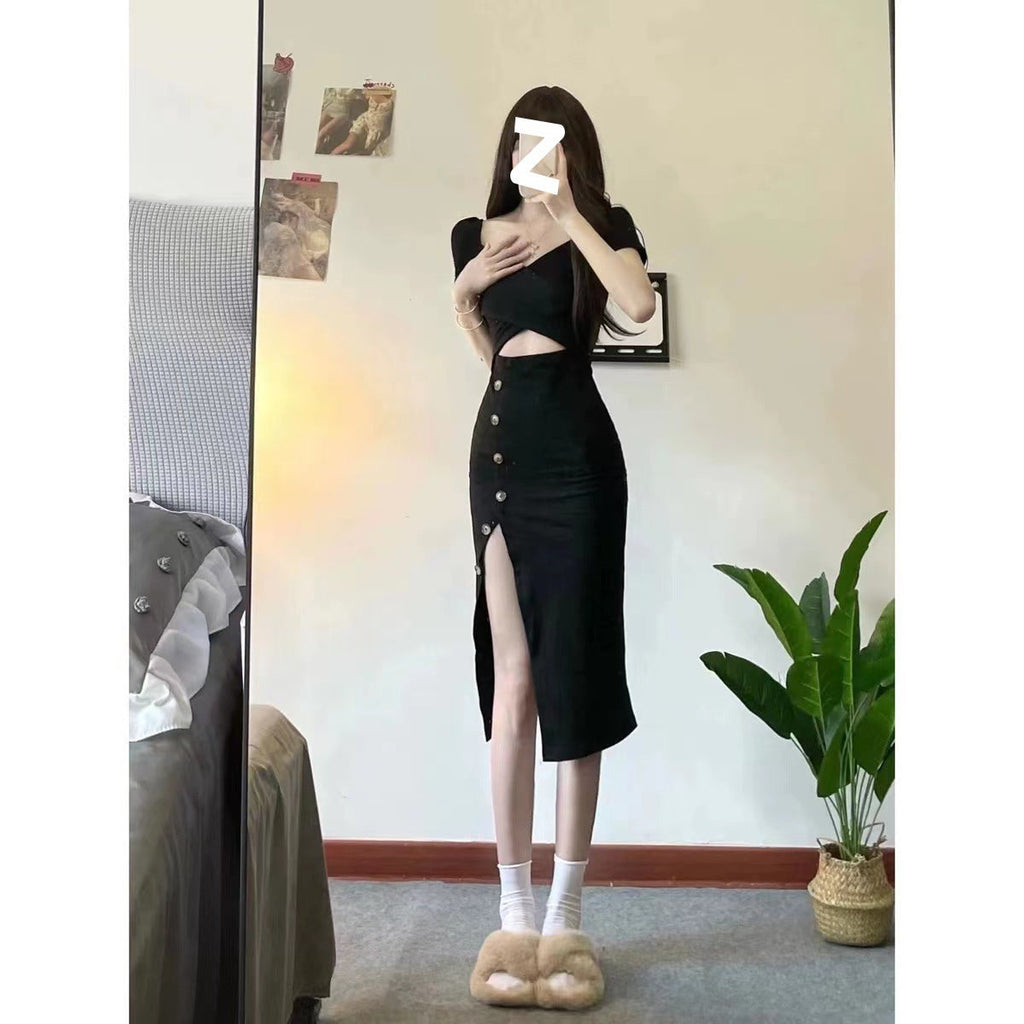 Sexy Light and Mature Pure Lust Style Design Sexy Royal Sister Black Short-Sleeved Slit Hip-Covering Dress for Women