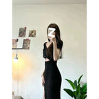 Sexy Light and Mature Pure Lust Style Design Sexy Royal Sister Black Short-Sleeved Slit Hip-Covering Dress for Women