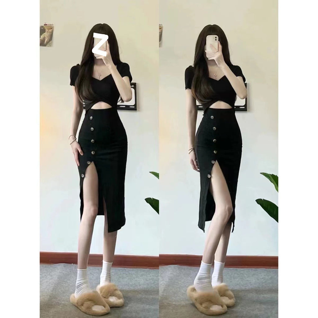 Sexy Light and Mature Pure Lust Style Design Sexy Royal Sister Black Short-Sleeved Slit Hip-Covering Dress for Women