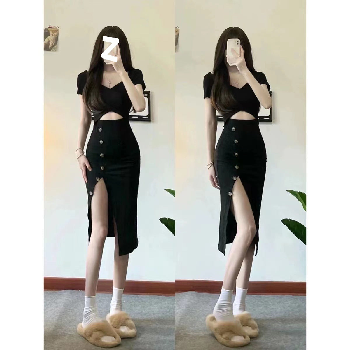 Sexy Light and Mature Pure Lust Style Design Sexy Royal Sister Black Short-Sleeved Slit Hip-Covering Dress for Women