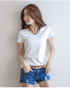 Minimalist V-Neck Cotton Tee - kawaii-inspired outfit in pastel colors - 12150506