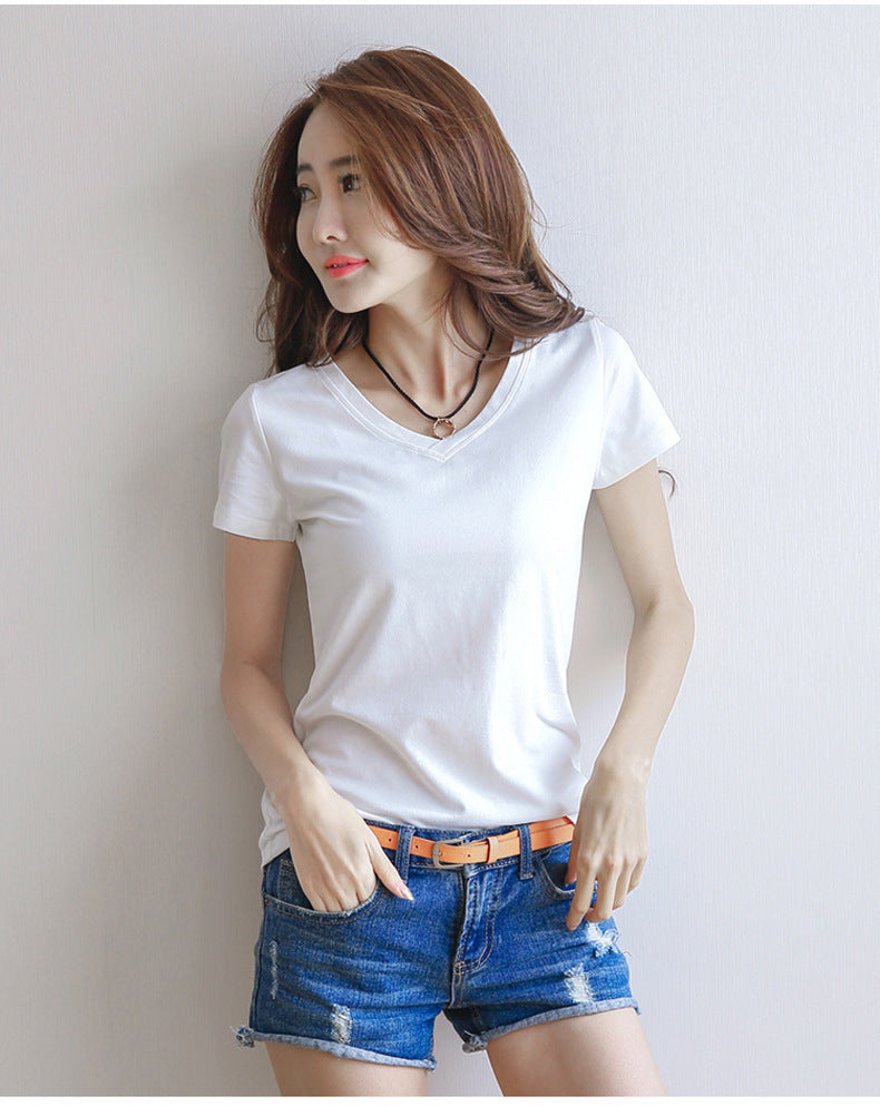 Minimalist V-Neck Cotton Tee - kawaii-inspired outfit in pastel colors - 12150506