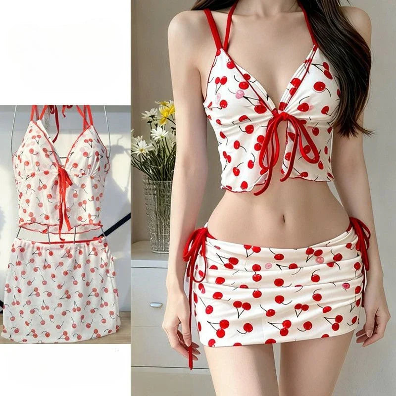 Harajuku Vintage Print Kawaii Bikinis Set Y2k Sweet Slim Swimsuit Women Swimwears 2000s Japan Style Sexy Lace Up