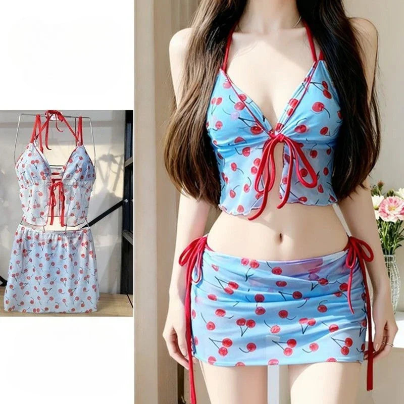 Harajuku Vintage Print Kawaii Bikinis Set Y2k Sweet Slim Swimsuit Women Swimwears 2000s Japan Style Sexy Lace Up