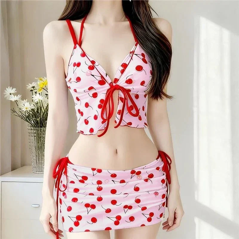 Harajuku Vintage Print Kawaii Bikinis Set Y2k Sweet Slim Swimsuit Women Swimwears 2000s Japan Style Sexy Lace Up
