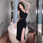 Hong Kong style sexy small black dress Hepburn style careful machine waist-exposed sling dress 2023 slim slimming split
