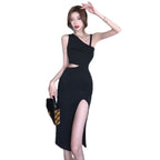 Hong Kong style sexy small black dress Hepburn style careful machine waist-exposed sling dress 2023 slim slimming split