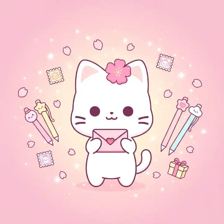 Cartoon cat holding a letter with stationery items on a pink background
