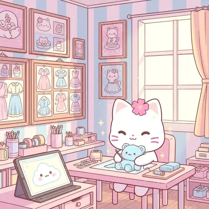 Cartoon cat character in a pink room with a laptop and teddy bear