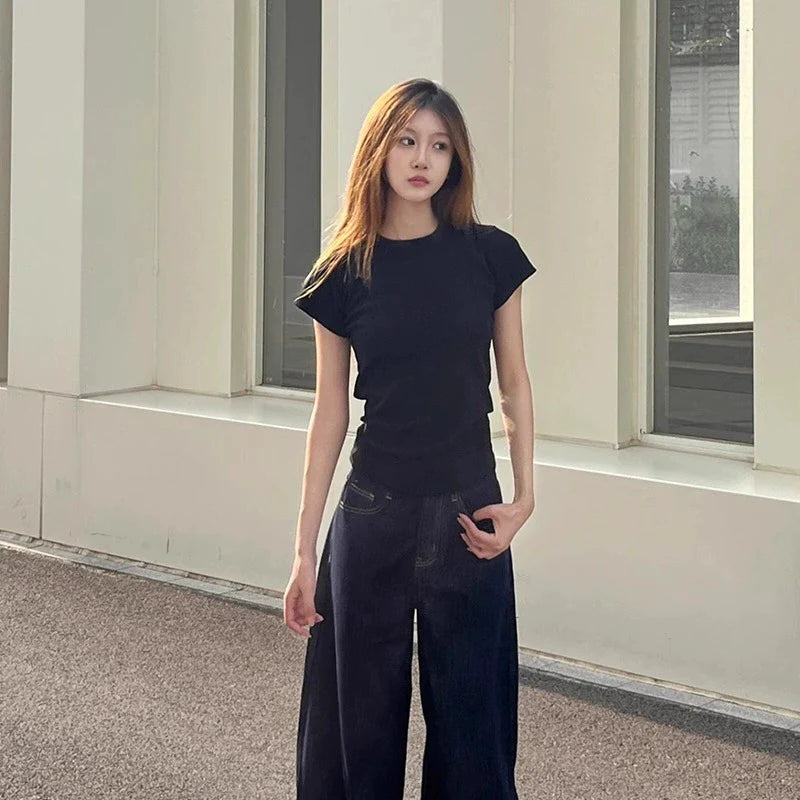 Pinch-Waist Straight Shoulder T-Shirt - kawaii-inspired outfit in pastel colors - 15260240