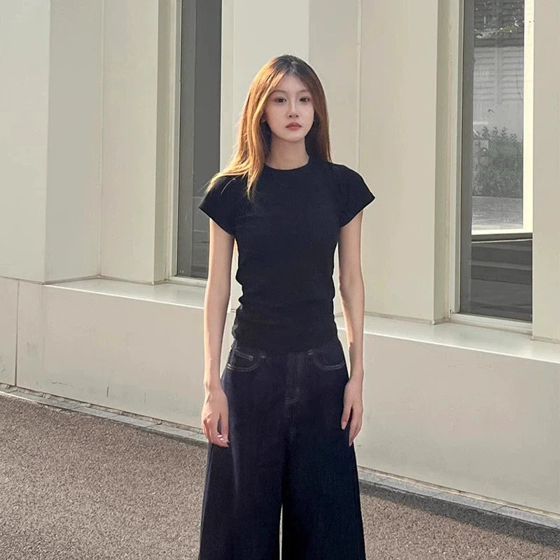 Pinch-Waist Straight Shoulder T-Shirt - kawaii-inspired outfit in pastel colors - 59815953